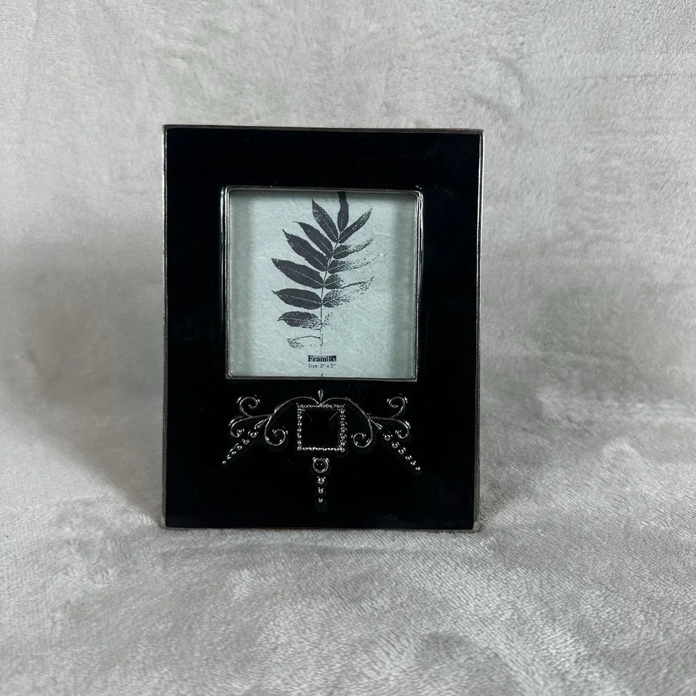 Decorative Black Glass Photo Frame Silver Small  Scroll Accent 3x3